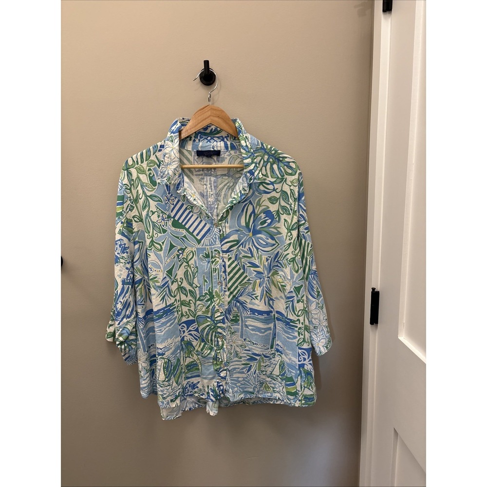 RACHEL ROY 3X Plus Size Linen Blend Tropical Beach Tunic Blouse High Low Hem